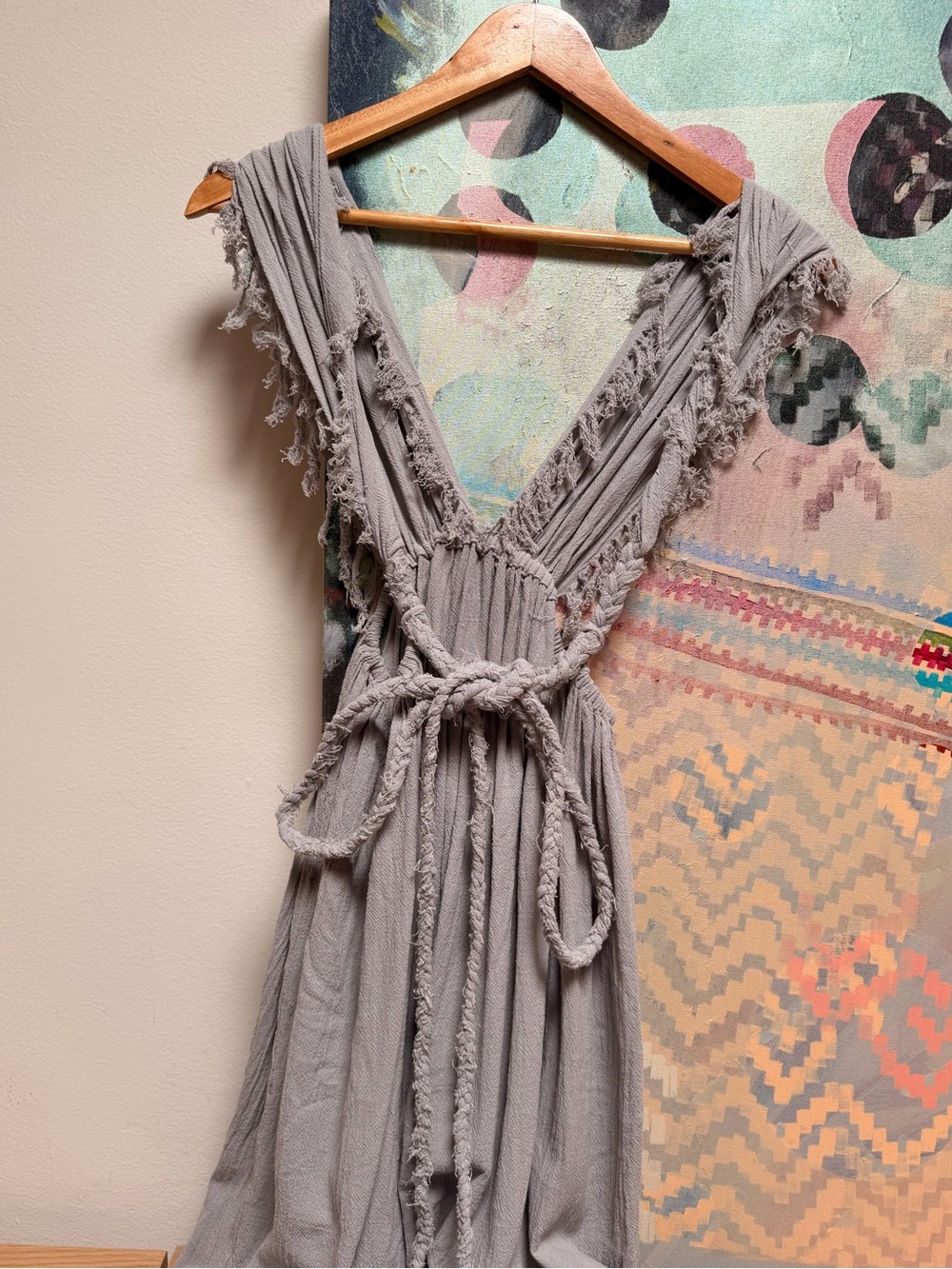 Ilaria Mexico Caftan Wrap Dress Coverup Raw Cotton Voile Gray Blue One Size - Picture 13 of 13